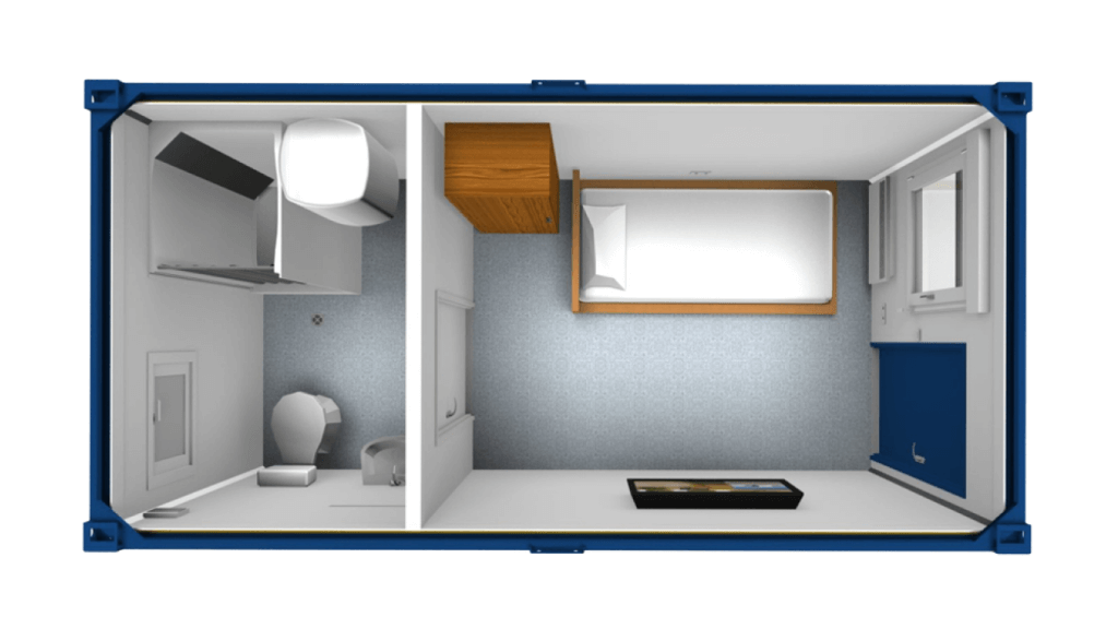 Bauleitercontainer 3D-Modell Innenansicht mit Bett, Dusche und WC