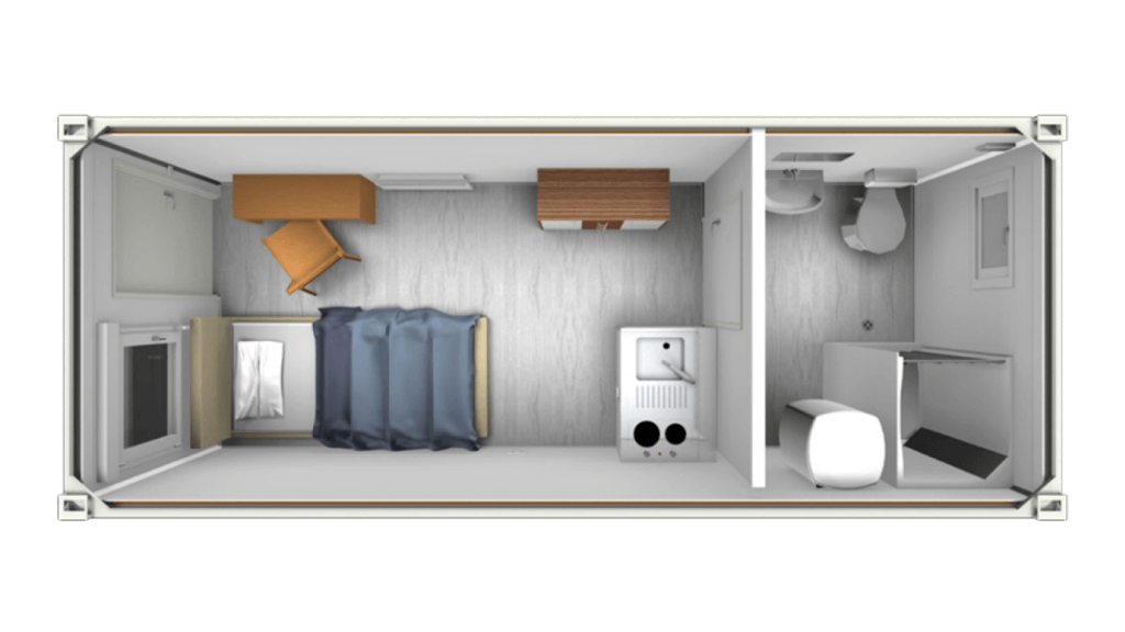 Bauleitercontainer 3D-Modell Innenansicht mit Bett, Schreibtisch, Mini-Küche, Dusche und WC