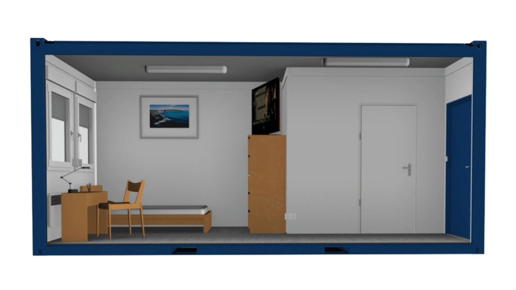 Bauleitercontainer 3D-Modell Innenansicht mit Schreibtisch, Dusche und WC