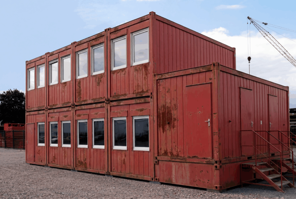 Rote zweistöckige Containeranlage mit mehreren Fenstern und Außentreppe auf einem befestigten Gelände.