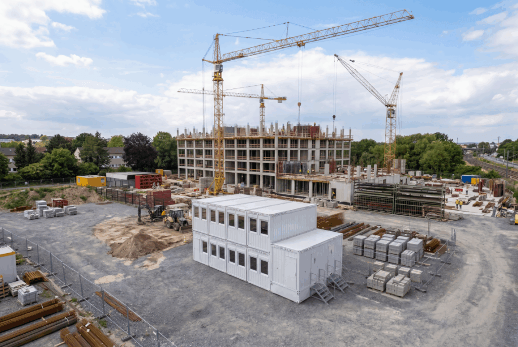 Weiße zweistöckige Containeranlage auf einer großen Baustelle mit Kränen, Baumaterialien und Rohbau im Hintergrund.