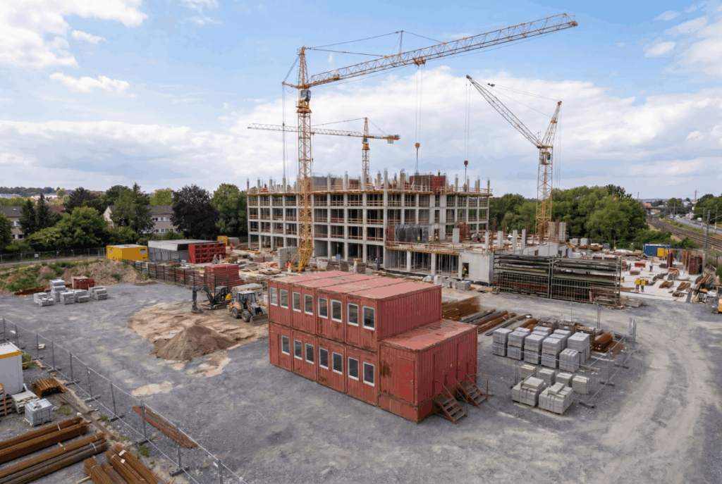 Rote zweistöckige Containeranlage auf einer Baustelle mit Kränen, Baumaterialien und mehrgeschossigem Rohbau im Hintergrund.